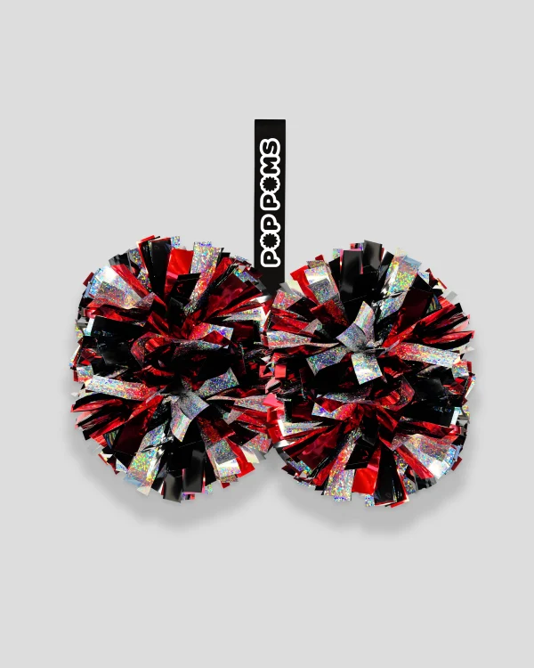Red Black Silver Sparkle Holographic 4" Pop Poms - Image 2