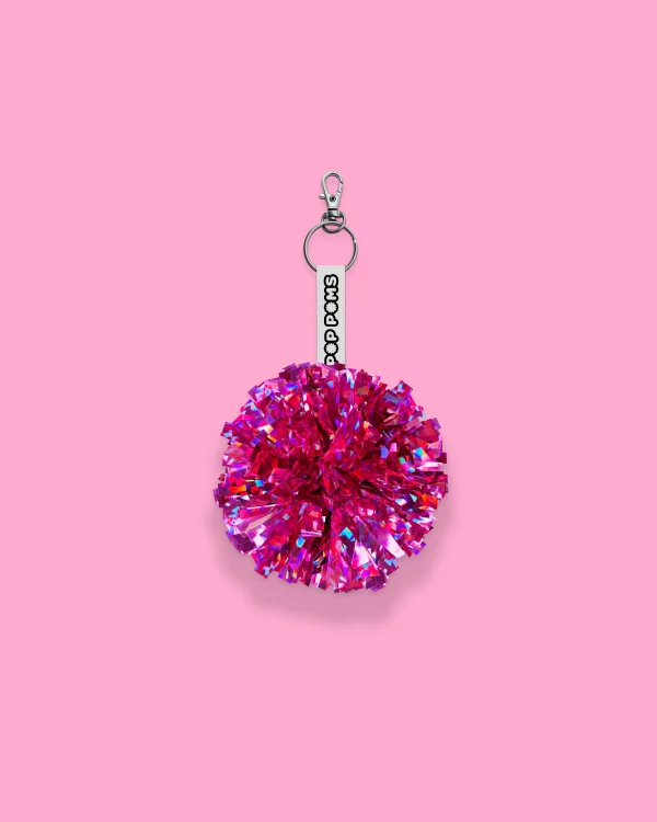 Hot Pink Shattered Holographic Pop Poms Keyring